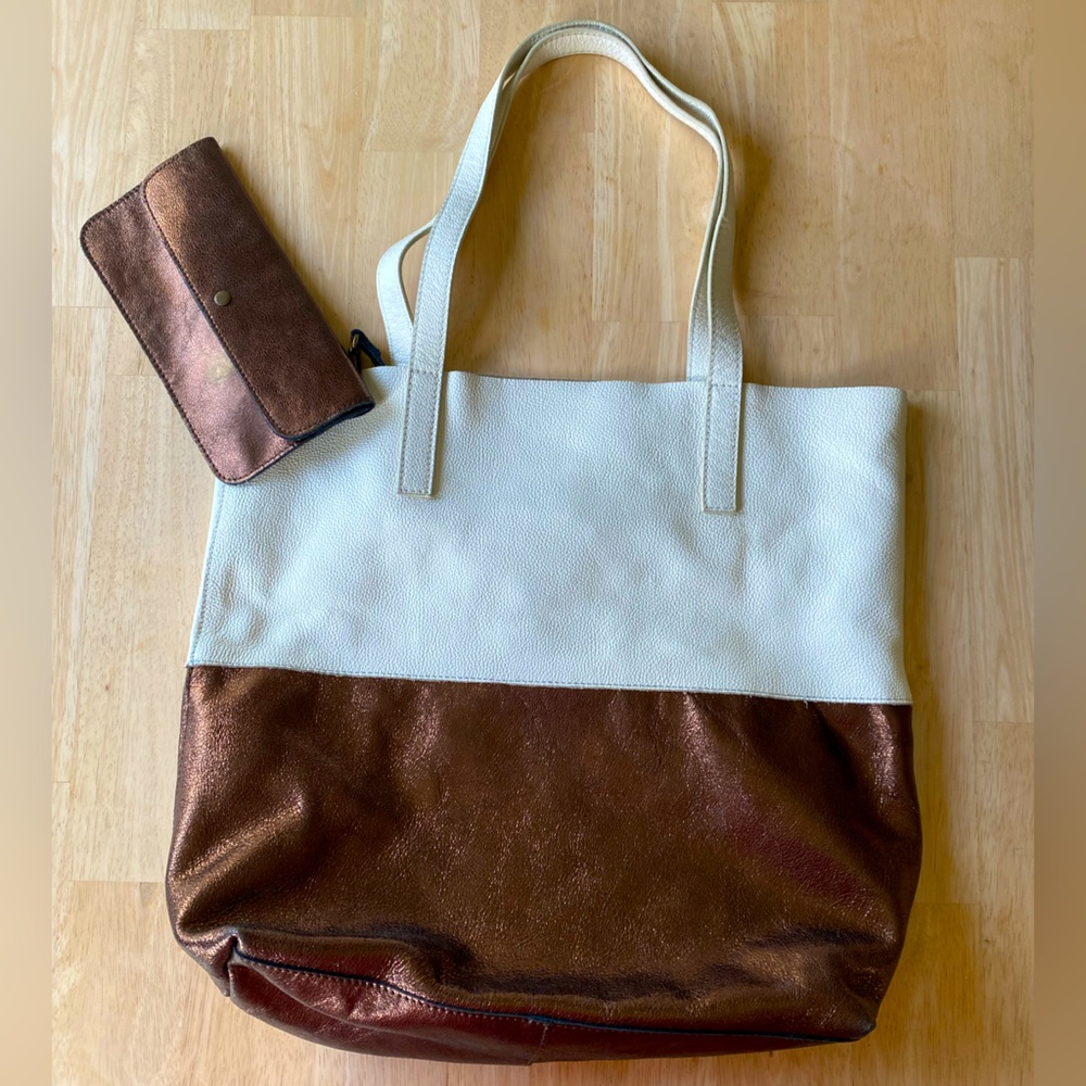 Anthropologie white and copper two tone tote.